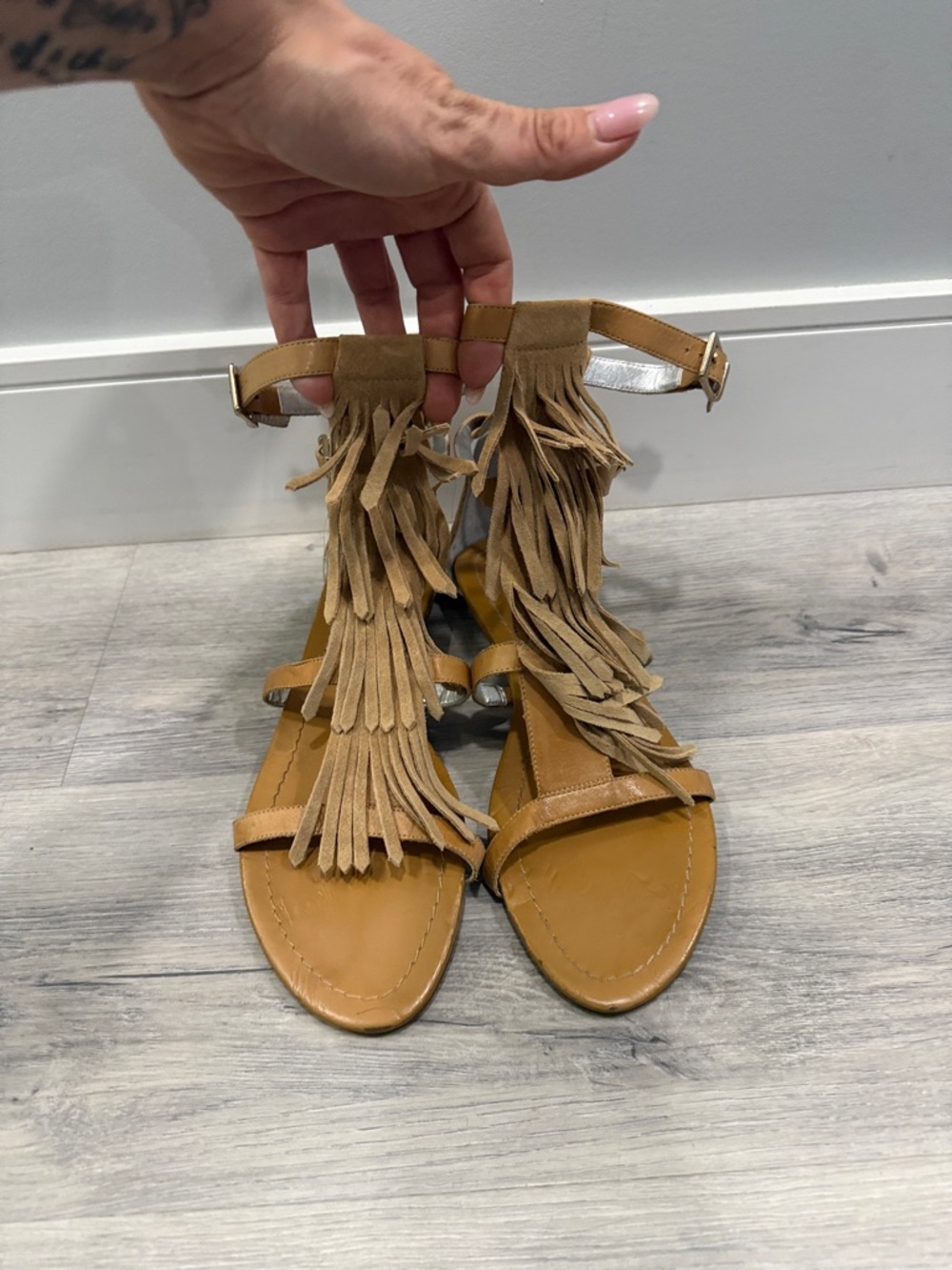 Women's Tan Suede Fringe Ankle-Strap Sandals